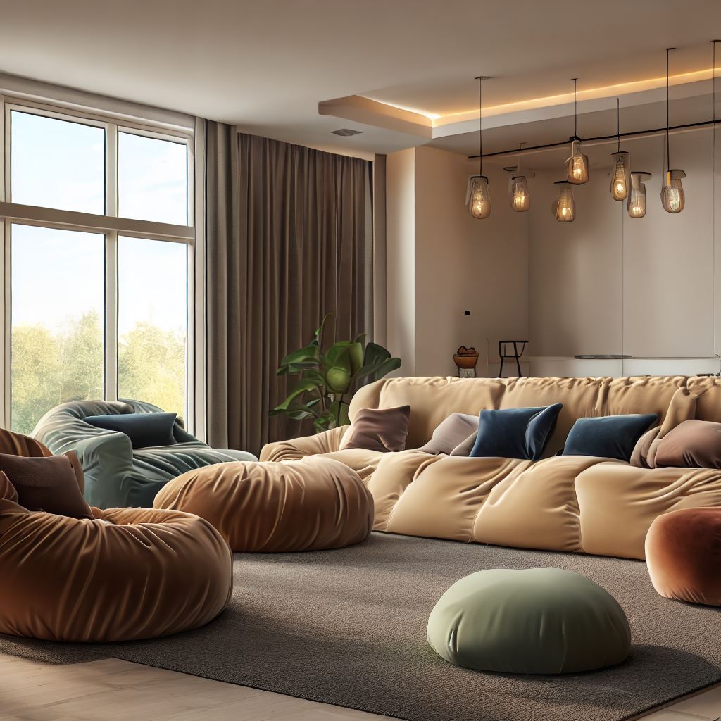 a plush sofa, oversized chairs, and a bean bag