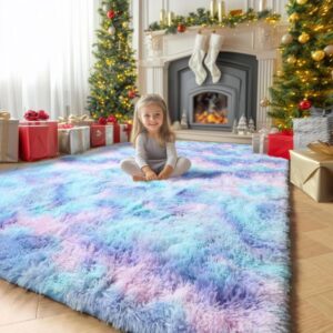 Amdrebio Purple Rainbow Rugs for Girls Bedroom,Soft Fluffy Area Rug for Kids Room,Fuzzy Plush Carpet for Playroom,Mermaid Kawaii Furry Throw Rug for Nursery,Dorm,4x6 Rug,Cute Room Decor for Baby