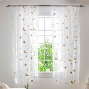 Gold Star Sheer Curtains 45 Inch Length for Boys Girls Nursery Bedroom - Cute Short White Sheer Curtains for Kids Room - Rod Pocket Light Filtering Print Moon Drapes for Children, Set 2 Panels, 52x45