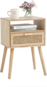 MaxSmeo Modern Nightstand Rattan Side End Table with Storage, for Living Room, Bedroom and Small Spaces, Accent Bedside Farmhouse Tables with Solid Wood Legs, Easy Assembly (Natural Walnut)