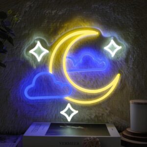 Moon Star Cloud Neon Sign - Moon Star Cloud LED Light for Kids, Teens, Baby Bedroom, Game Room Wall Decor - Dimmeable Premium USB Powered Neon Night Light with On/Off Switch - 14x13-Inch